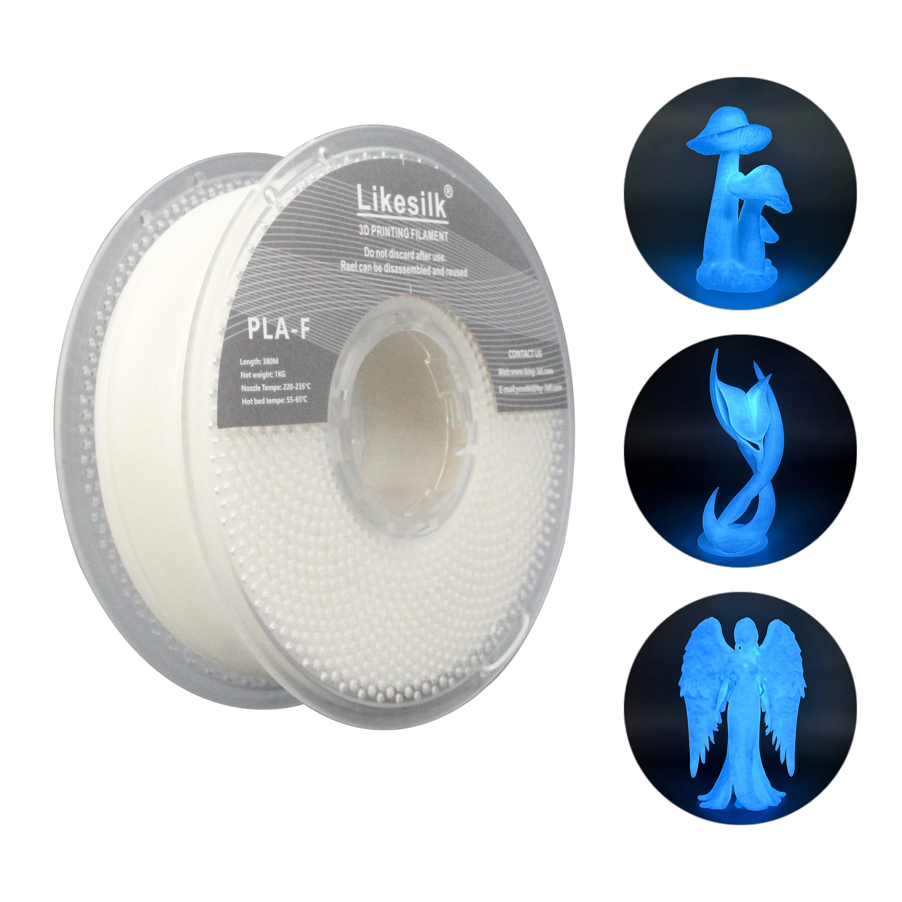 Likesilk PLA F Glow Blue nel filamento scuro, filamento PLA F per stampa 3D Precisione dimensionale 1,75 mm +/- 0,02 mm, bobina da 1 kg Abs