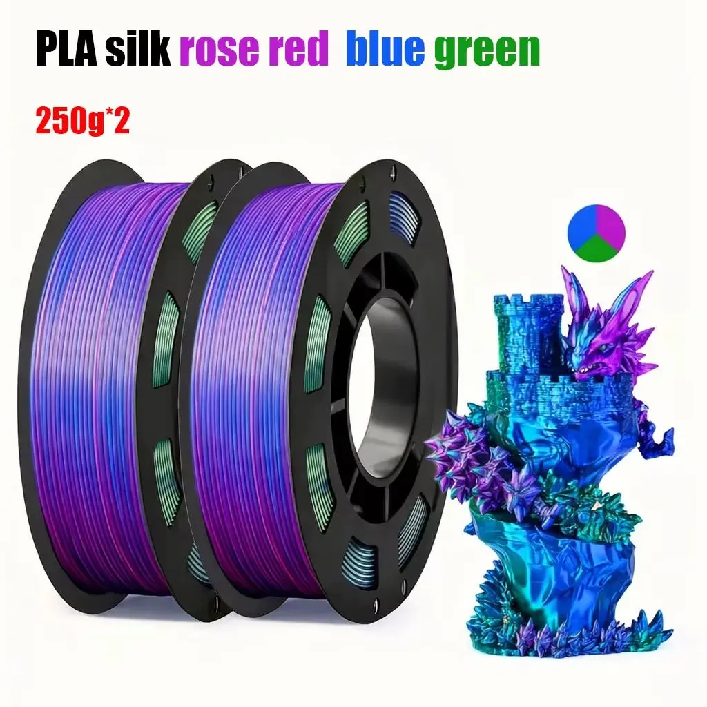 Filamento PLA Tricolore Seta Rosa Rosso Blu Verde 1.75mm, Filamento per Stampa 3D, 500g, Filamento per Stampante 3D