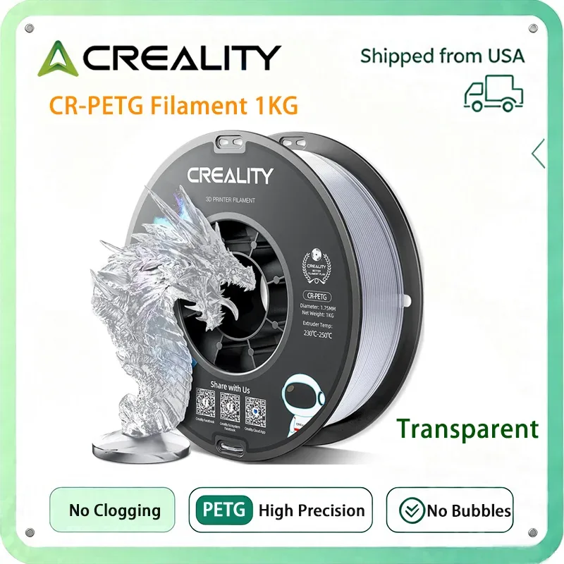 Filamento PETG Ufficiale CREALITY per Stampante 3D, Colore Trasparente, 1.75mm 1KG, Alta Precisione, Elevata Resistenza, Inodore, Migliore Fluidità, Anti-umidità, Filamenti PETG per Stampa 3D per Stampanti 3D K1/Ender-5