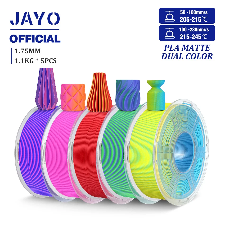 JAYO PLA Filamento 3D bicolore opaco 1,75 mm PLA Matte Filamento stampante 3D 5 rotoli/set Filamento PLA Finitura opaca liscia
