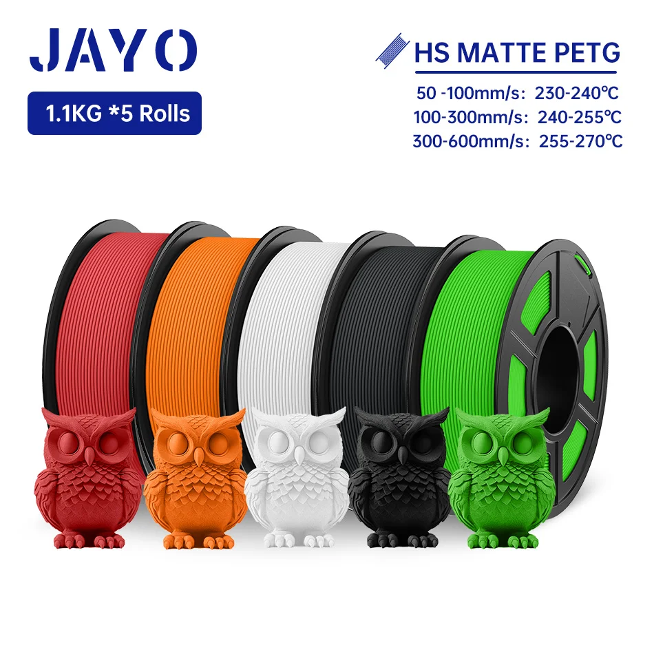 Filamento 3D JAYO PETG Filamento stampante 3D PETG ad alta velocità da 1,75 mm 5 rotoli Materiale di stampa 3D con effetto opaco veloce ad alto flusso