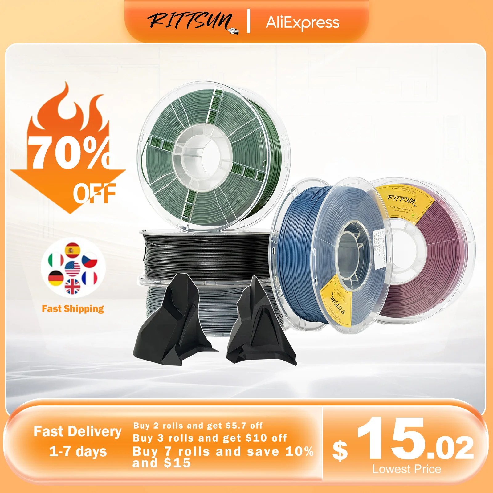 RITTSUN fibra di carbonio filamento PETG 1KG 1.75mm materiali di stampa 3D in fibra di carbonio ad alta resistenza per stampanti 3D spedizione veloce