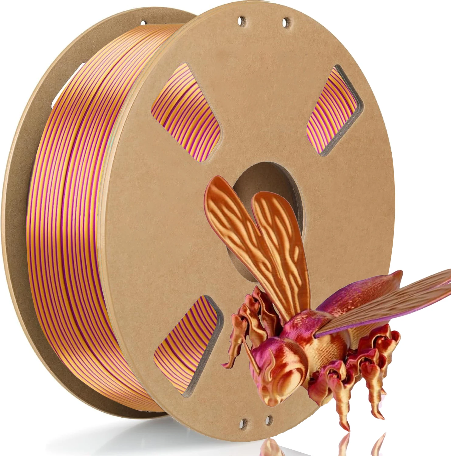 Filamento PLA in seta tricolore rosso oro viola, dotato di bobina riutilizzabile, compatibile con il ricaricatore Bambu Lab. Diametro 1,75±0,02 mm