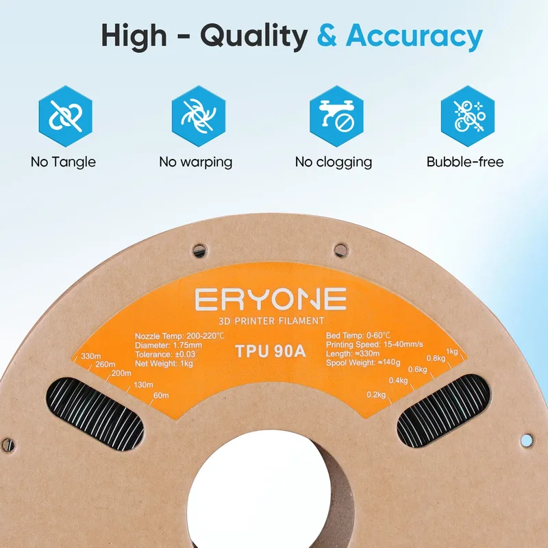 ERYONE Filamento Flessibile per Stampa 3D in TPU 90A, 1.75mm, 1KG, Morbidezza Media, Equilibrio tra Flessibilità e Resistenza, Bobina da 1kg