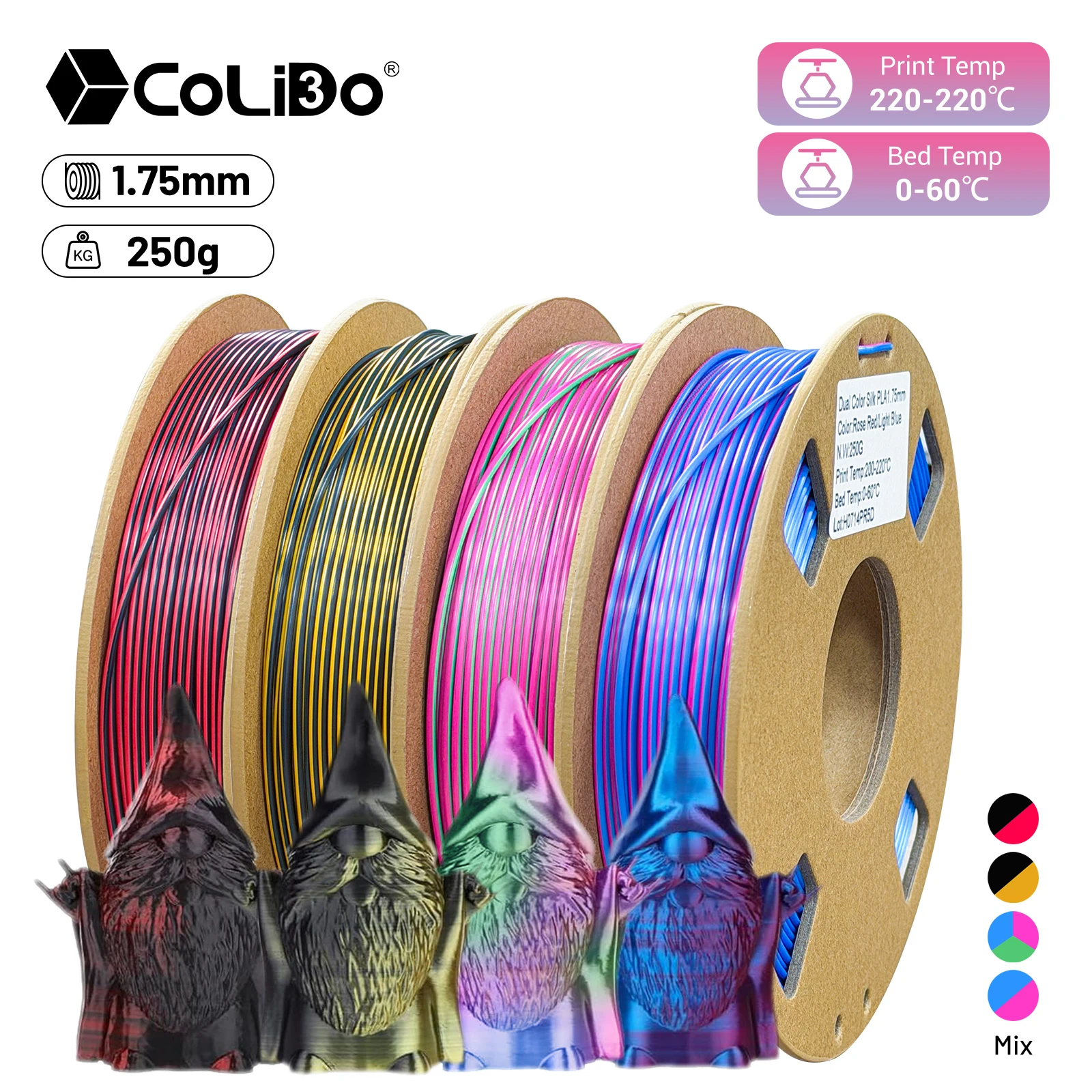 Silk PLA 1,75 mm, pacchetto di filamenti per stampante 3D, 4 rotoli mix 1 kg totale, 250 g per bobina, precisione dimensionale +/- 0,02 mm per bambulab