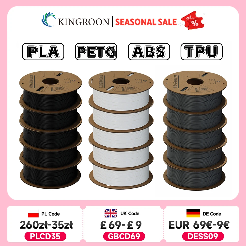 KINGROON Filamento stampante 3D PLA PETG TPU ABS 5KG Fascio Nero Bianco Grigio 1,75mm Senza bolle Plastica 5 rotoli 1 kg, Bobina casuale
