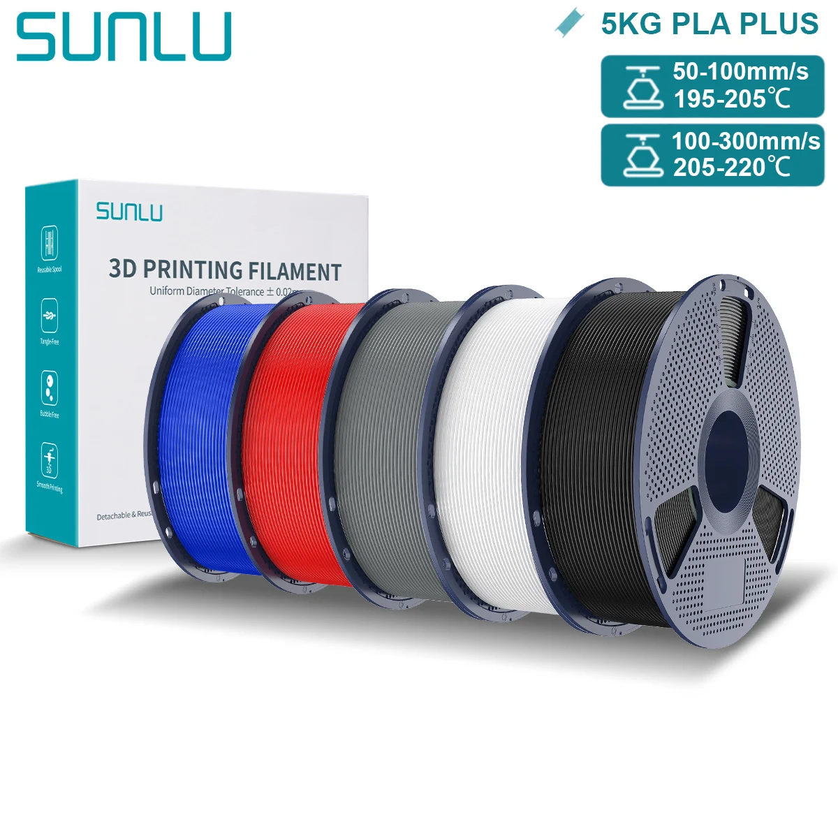 SUNLU Filamento 3D 5KG PLA/PETG/PLA PLUS 1.75mm Avvolto con Precisione - Filamento Plastico PLA Colorato per la Maggior Parte delle Stampanti 3D FDM