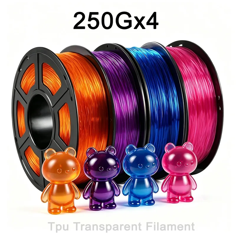 Filamento TPU per stampante 3D da 250g, 500g, 1Kg, 1.75mm, trasparente, rosa, viola, blu, arancione, flessibile per stampa 3D
