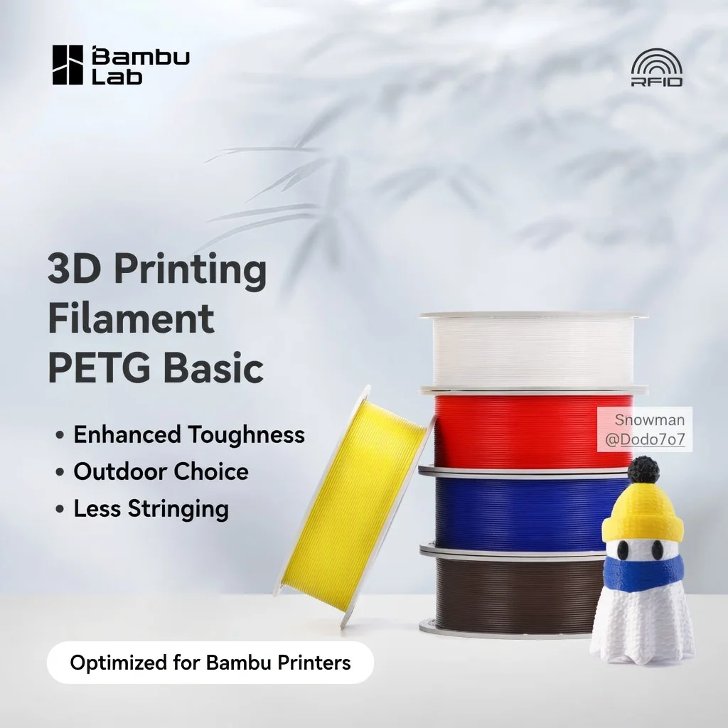 Filamento PETG Basic 1kg di Bambu Lab, Resistente, Anti-Stringing, Durevole per Esterni, Resistente all'Acqua e alle Intemperie, Materiale per Stampa 3D