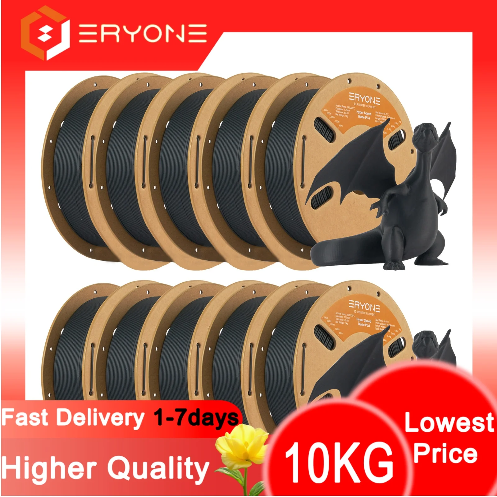 ERYONE Filamento PLA Opaco ad Alta Velocità 1KG/3KG/5KG/10KG, Bobina Perfetta 1.75mm ±0.03mm per Stampa 3D FDM