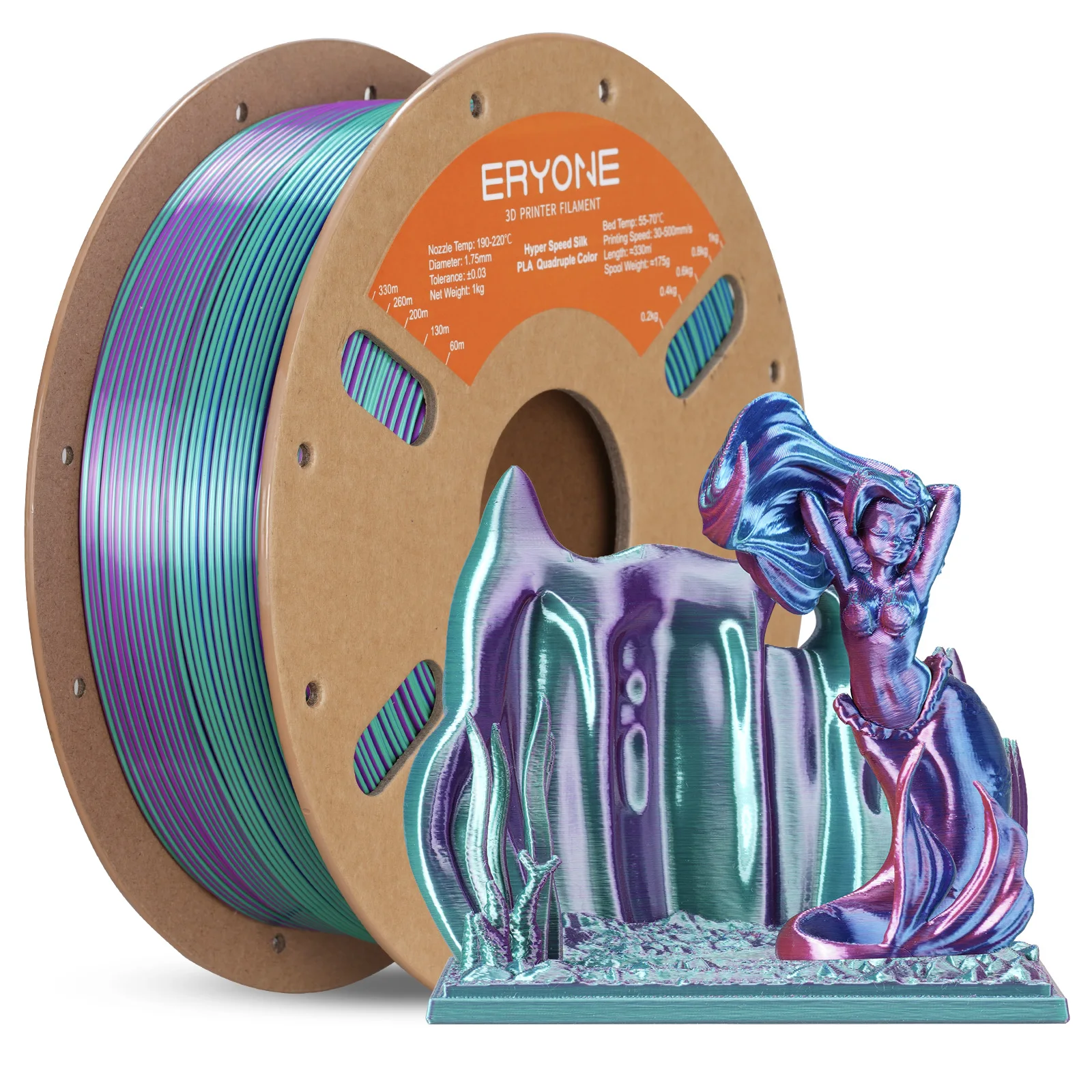 ERYONE 3KG Iper Velocità Seta Quadrupla Colore PLA Premium Filamento Stampa 3D MaxSpeed 500mm/s 1.75mm Coestrusione PLA Lucido, 1 kg/bobina