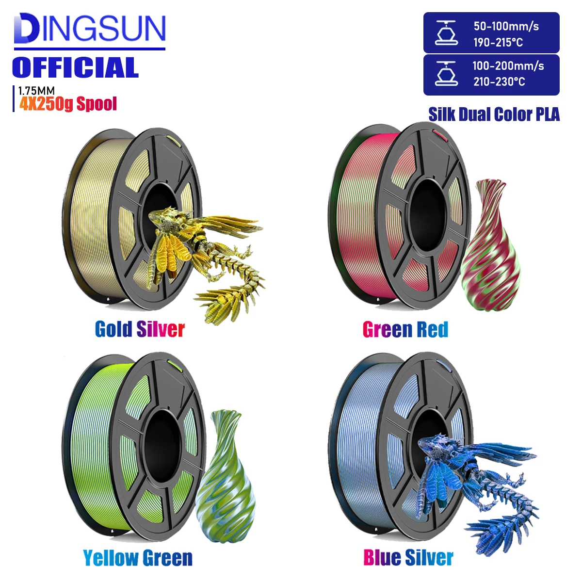 Filamento per stampante 3D Silk PLA+ bicolore 1,75 mm 250 g Coestrusione con cambio colore, precisione +/-0,02 mm per stampanti FDM