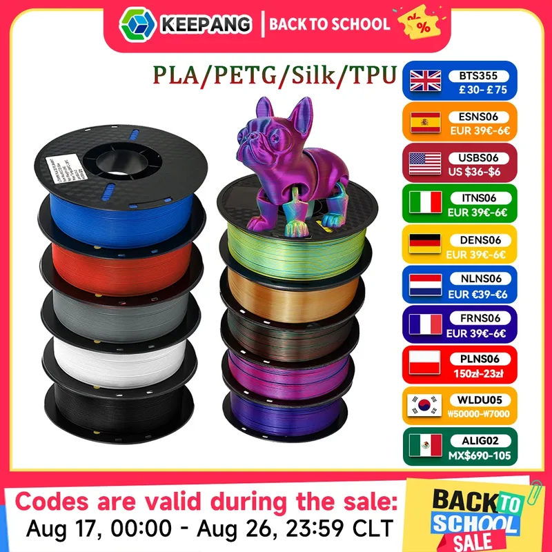 Filamento per Stampante 3D KEEPANG PLA/PETG/SILK/TPU 1.75mm, 5/10 Rotoli Avvolti Ordinatamente, Senza Bolle, Materiali per Stampa 3D