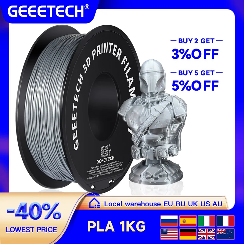 Filamento PLA standard Geeetech 1 kg 1,75 mm Materiale plastico per stampante 3D, precisione 0,03 mm, colore multiplo, adatto alla maggior parte delle stampanti FDM