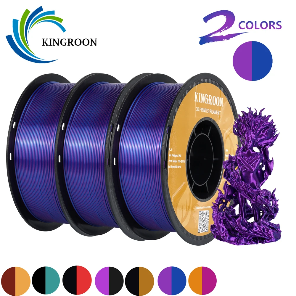 KINGROON Filamento PLA di seta bicolore 1,75 mm 2 colori Coestrusione Lucido Filamento per stampante 3D PLA, 3 kg/confezione 1 kg ciascuna bobina
