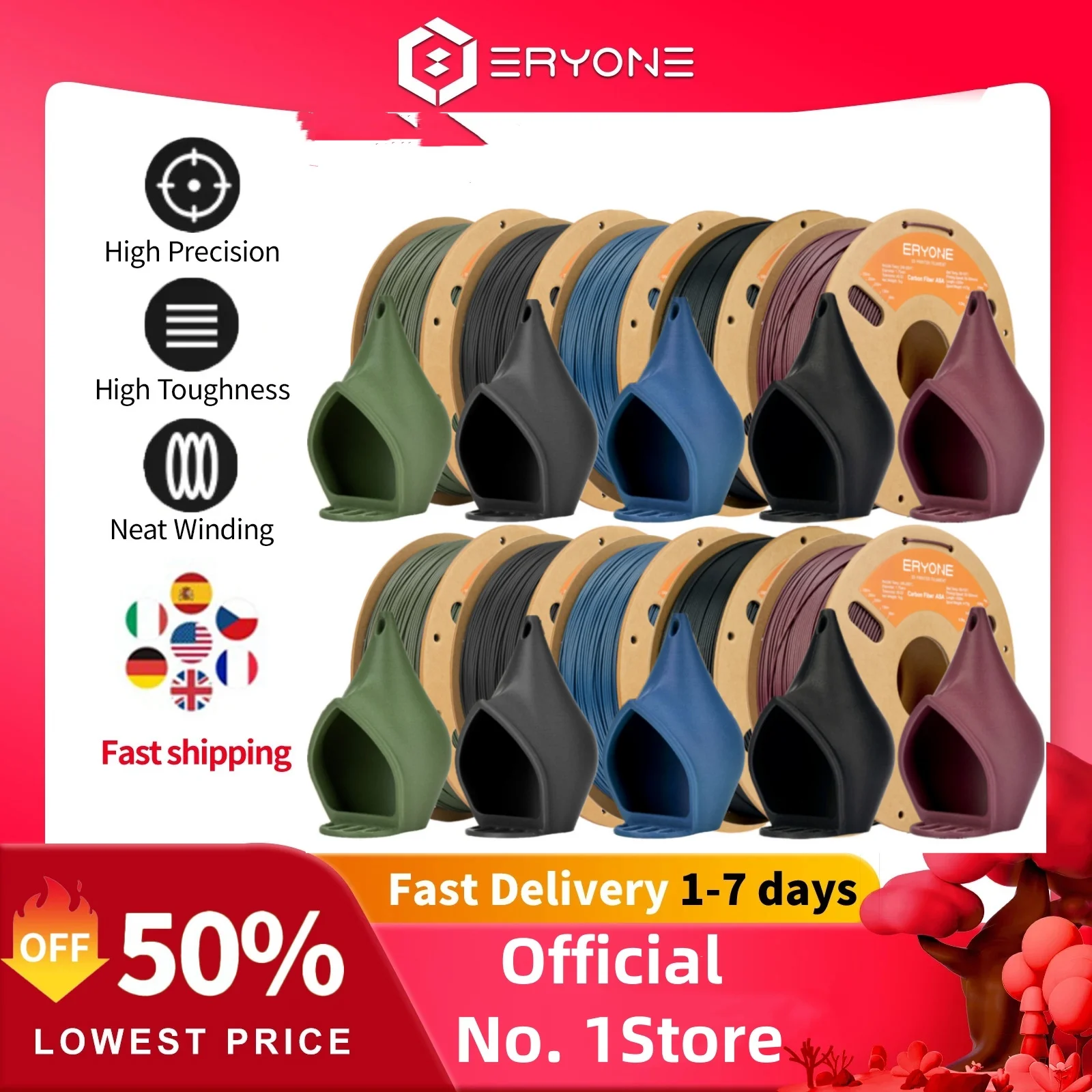 ERYONE ASA Fibra di carbonio 1/3/5/10KG Filamento Premium 1,75mm Stampa 3D, multicolore disponibile, vera fibra di carbonio grande vendita, 1KG / Bobina