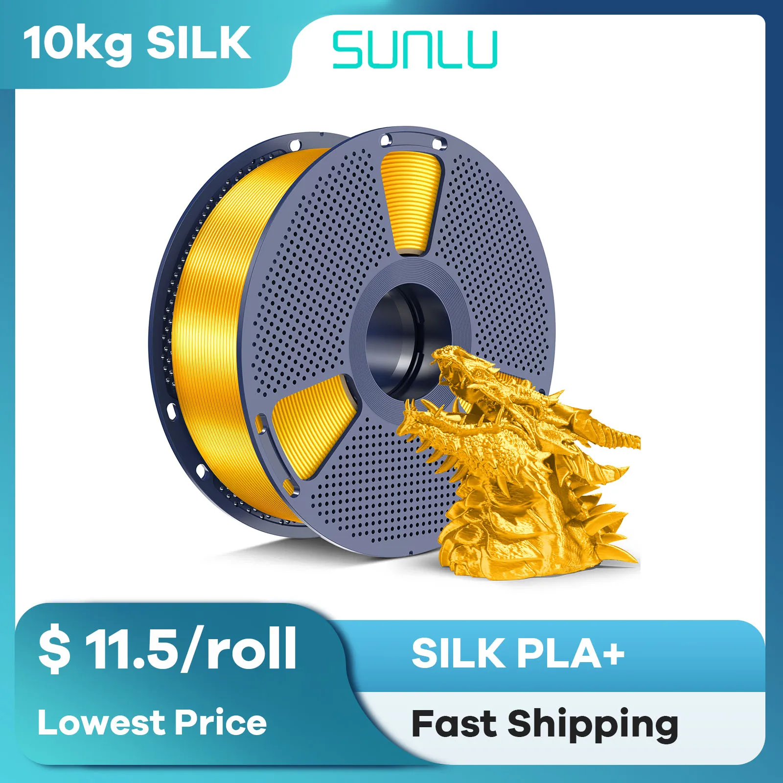 SUNLU SILK PLA+ Filamento Filamento stampante 3D 10 kg 1,75 mm Bobina filo Confezione sottovuoto Spedizione veloce