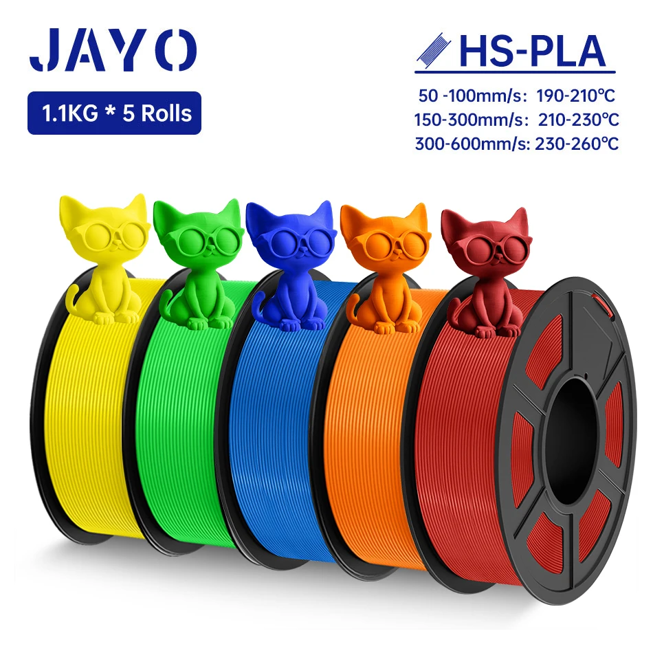 Filamento JAYO PLA Filamento per stampante 3D PLA ad alta velocità da 1,75 mm 5 rotoli Materiali di stampa 3D ben avvolti per FDM 1,1 kg/rotolo