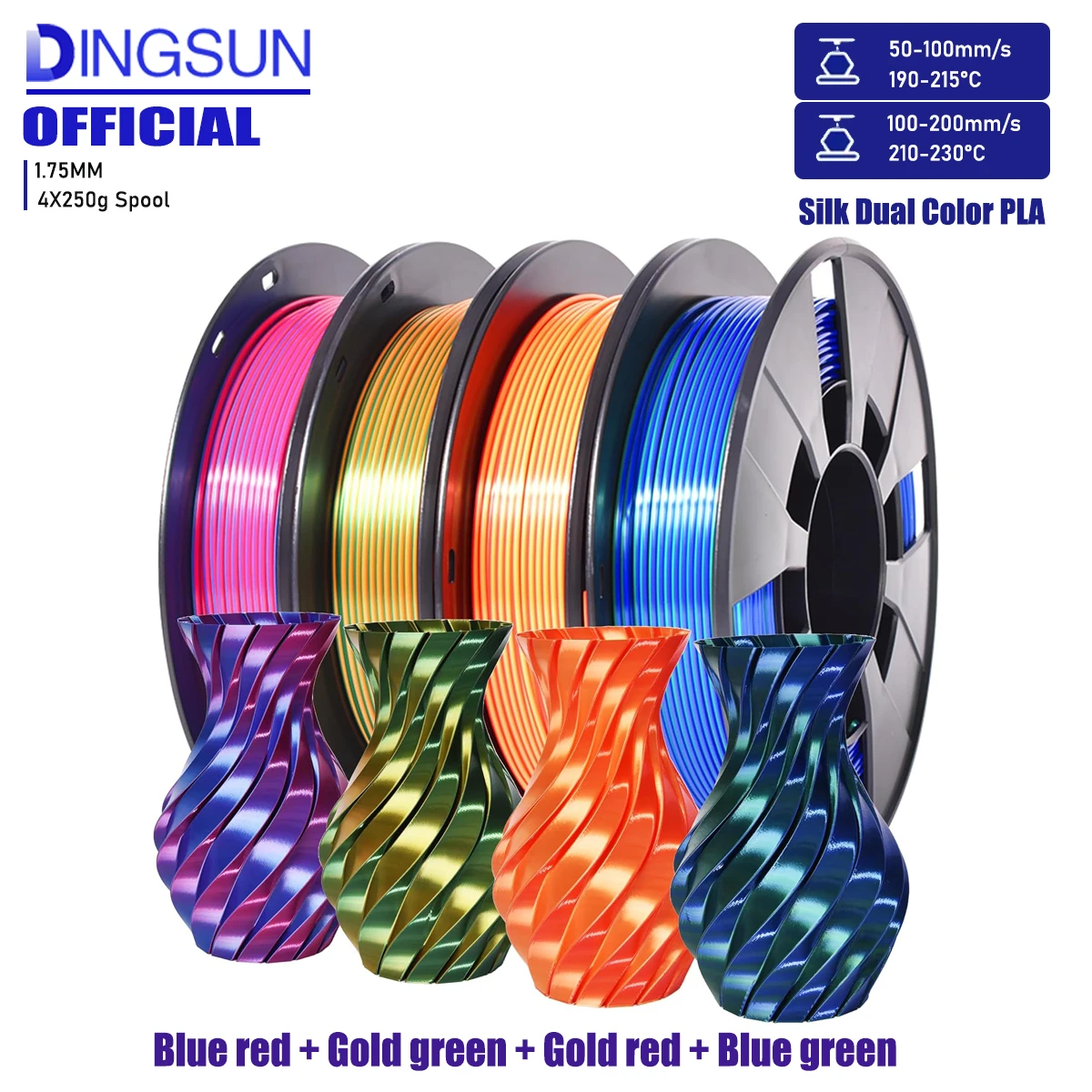 Filamento per stampante 3D Filamento PLA bicolore in seta 1,75 mm +/- 0,02 mm, pacchetto di filamenti per stampa 3D PLA bicolore 250 x 4 bobine