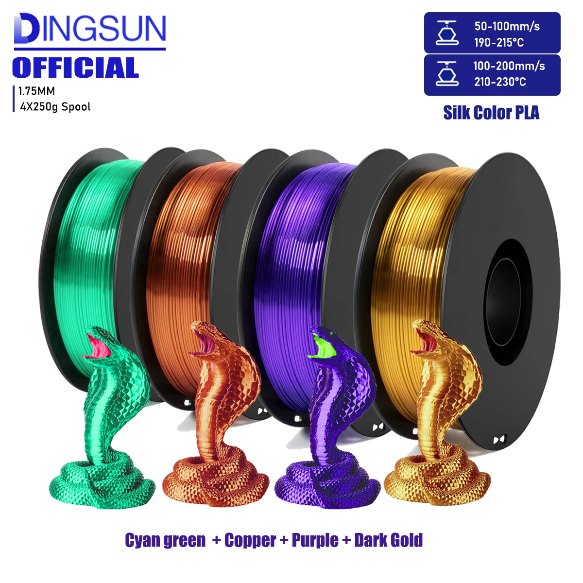 Filamento per stampante 3D Filamento PLA arcobaleno lucido in seta, filamento per stampa 3D aggiornato con tenacità, 1,75 mm 250 gX 4 bobine (2,2