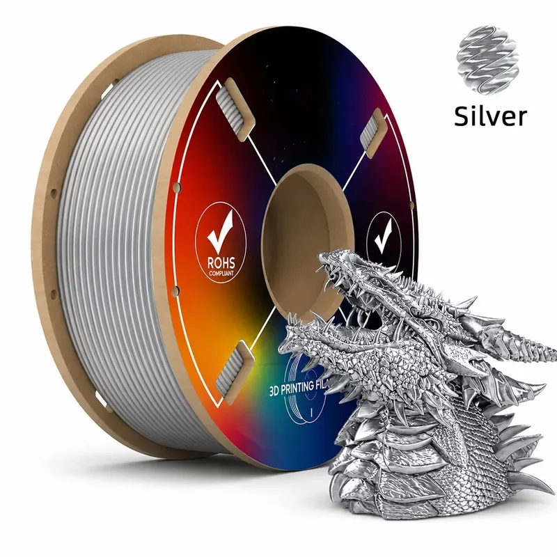Filamento per stampante 3D Silk PLA 1,75 mm, finitura argento lucida premium, colore unico, superficie liscia e brillante, bobina da 200 g per stampante 3D FDM
