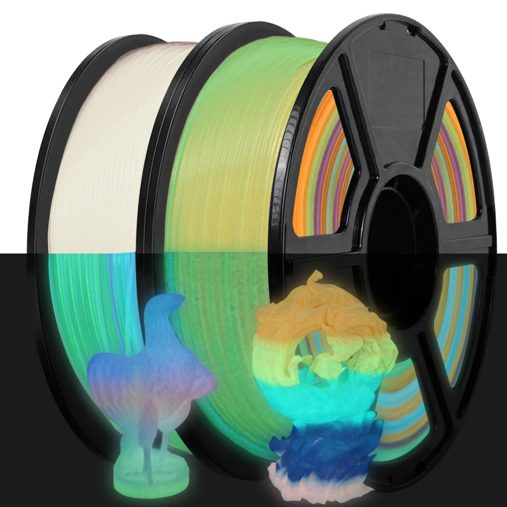 Filamento PLA Luminoso che si illumina al buio 1kg 250g 1.75mm per Stampante 3D, Cambia Colore Arcobaleno, Effetto Lucciola Blu Verde Rosso, Confezione