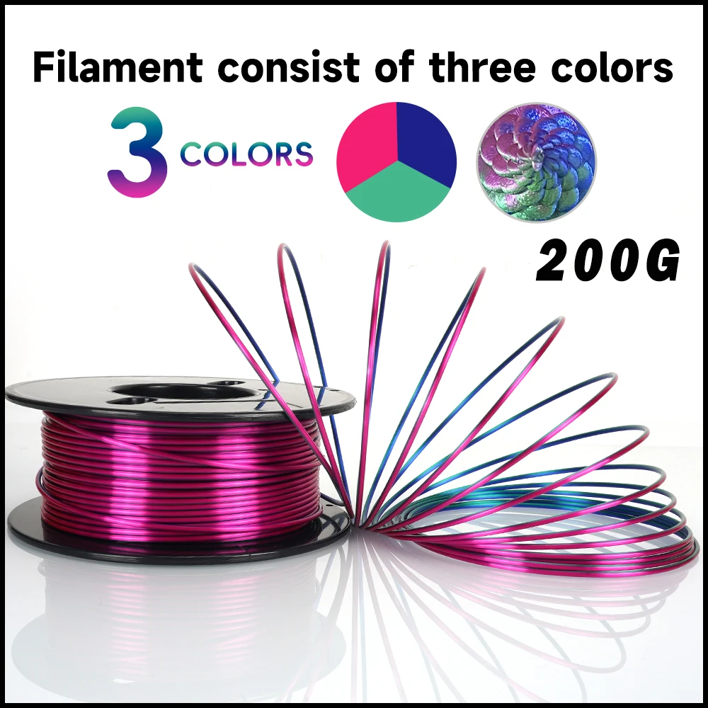 Filamento di stampa 3D 200g filamento di PLA di seta tricolore 1.75mm 3 in 1 filamento di stampa 3D multicolore liscio senza bolle 0.2KG/rotolo