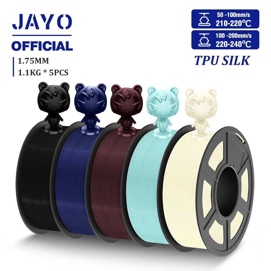 JAYO TPU SETA Filamento stampante 3D 98A Filamento TPU 1.75mm Seta Arcobaleno SETA PLA PLUS Filamento 3D Superficie di seta lucida 5 rotoli/set