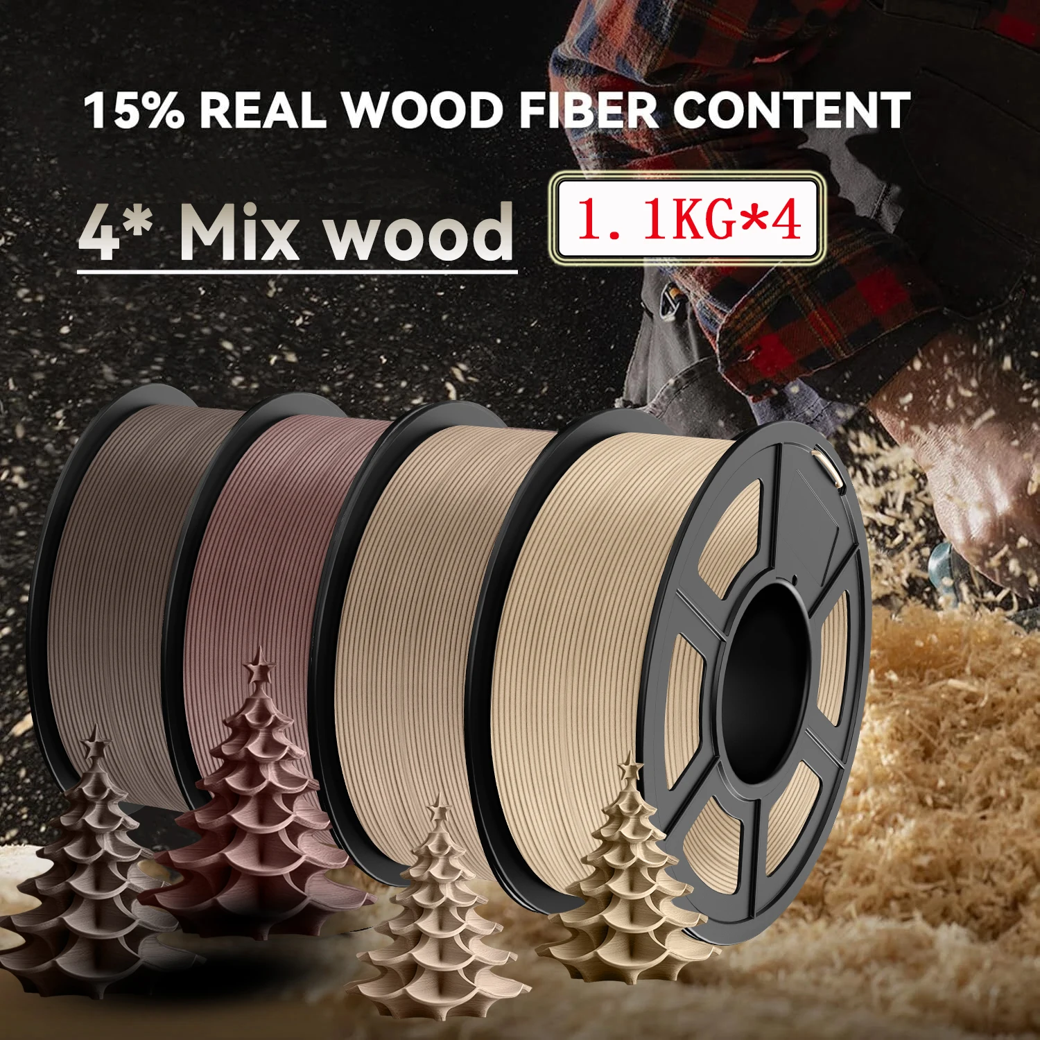 Filamento per stampante PLA in legno 3D JAYO 1,75 mm 15% fibre di legno reali Precisione dimensionale +/- 0,02 mm Adatto alla maggior parte delle stampanti 3D FDM 4 rotoli