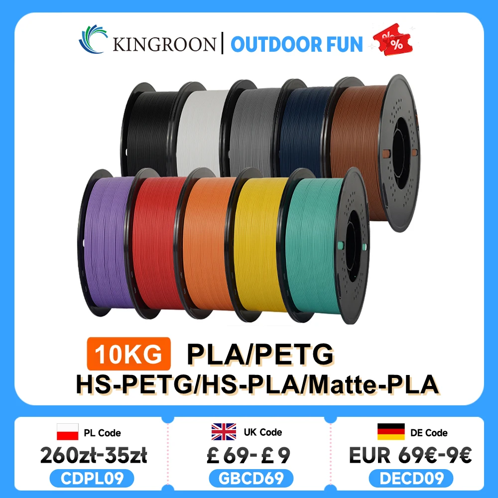 KINGROON 10KG (22LBS) PLA PETG HS-PLA HS-PETG Filamento 1.75mm Materiale stampante 3D ad alta velocità PLA opaco 1kg * 10 Rotolo Colore misto