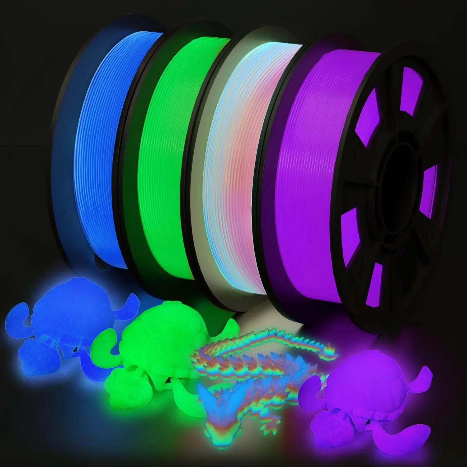 Filamento Luminoso al Buio Multicolore, Verde, Blu, Viola e Arcobaleno, Filamento PLA 1,75 mm, Set di Filamenti per Stampante 3D