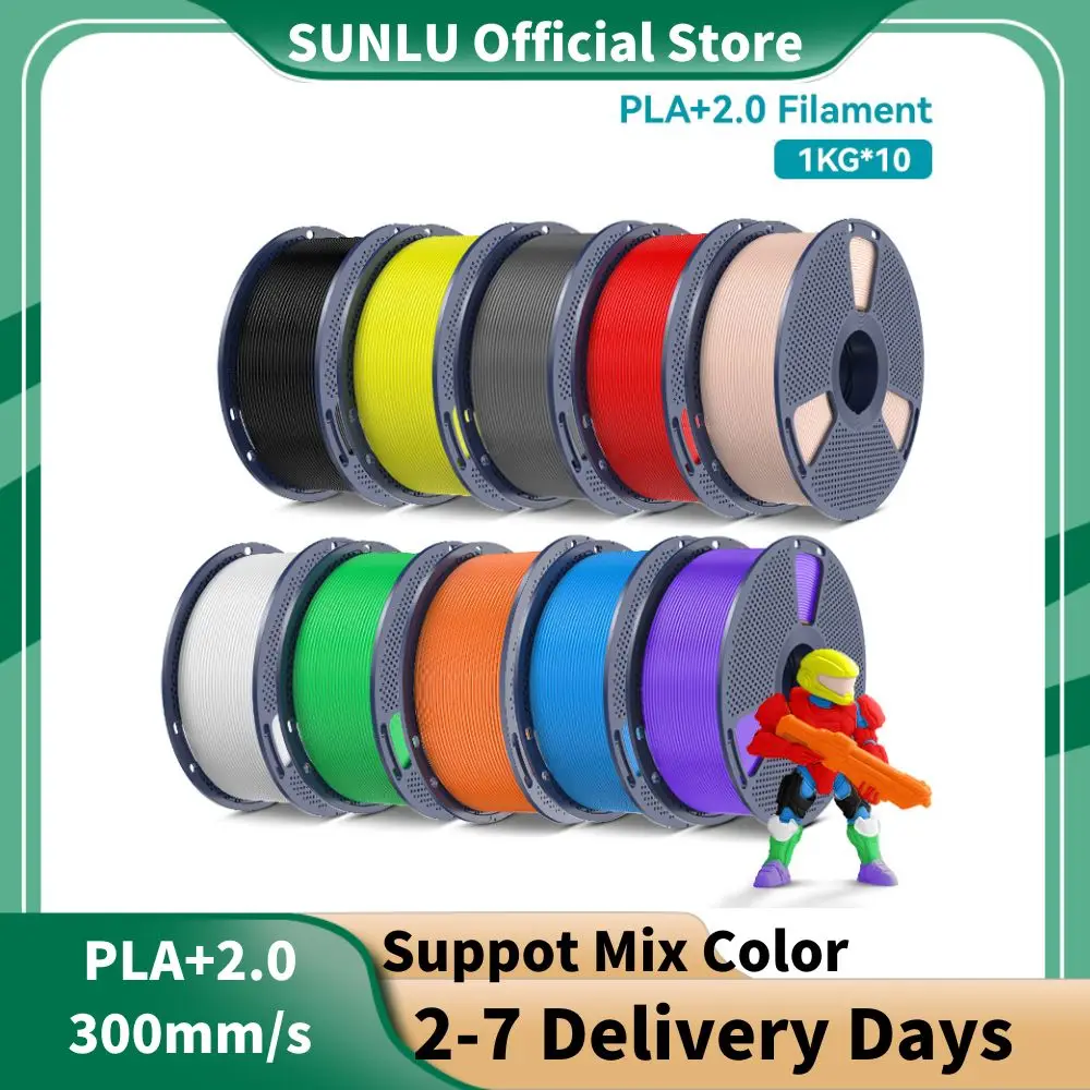 SUNLU PLA+ 2.0 1,75 mm 10 rotoli, ultra resistente (impatto 99,8KJ/m2, 2-3X più forte, stampa veloce 300 mm/s, filamento stampante 3D ad alta velocità