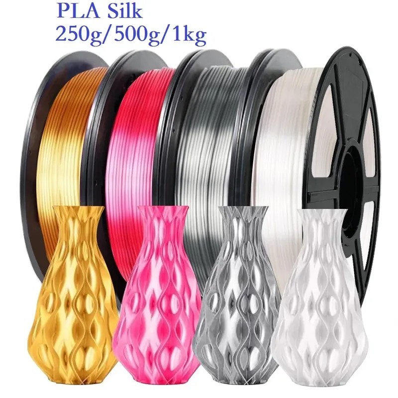 Filamento per stampante 3D Seta PLA 1,75 mm 1 kg/500 g/250 g Materiale di stampa 3D Filamento lucido Liscio PLA Oro Argento Bianco Ad alta velocità