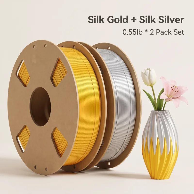 Filamento per stampa 3D in PLA seta, confezione da 250g x2, finitura metallica lucida oro e argento, 1,75mm, basso restringimento, materiale per stampante 3D