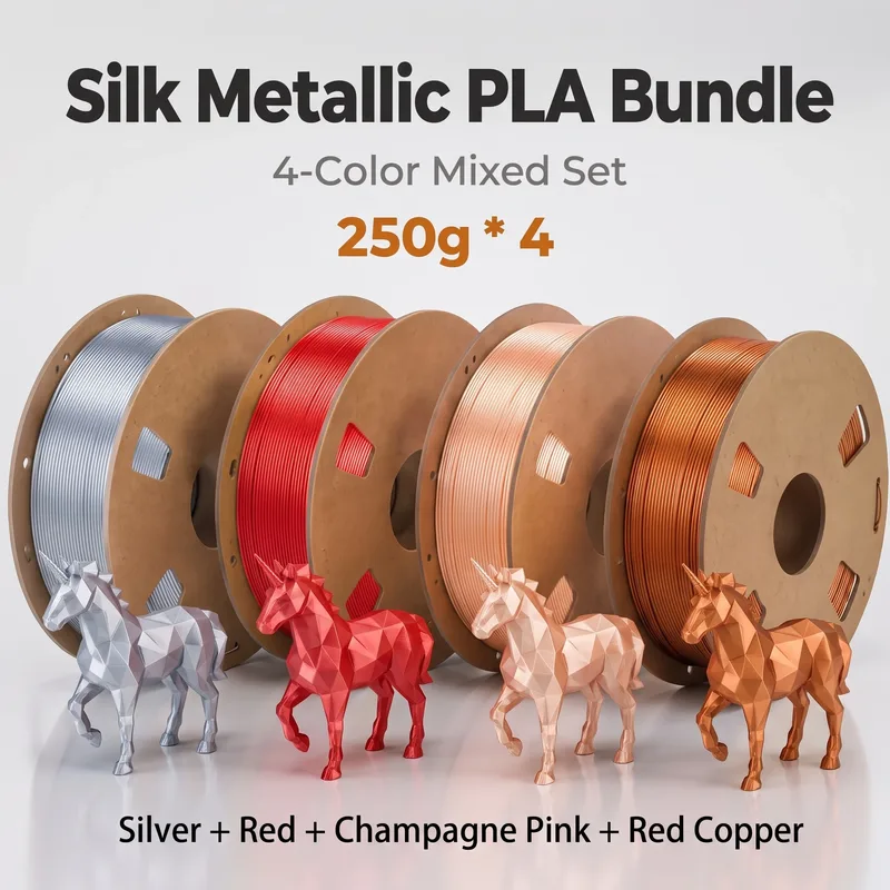 Filamento PLA Seta 1.75mm, 200/250/500/1000g per Stampanti FDM; Rosso/Argento/Rosa Champagne/Rame Rosso