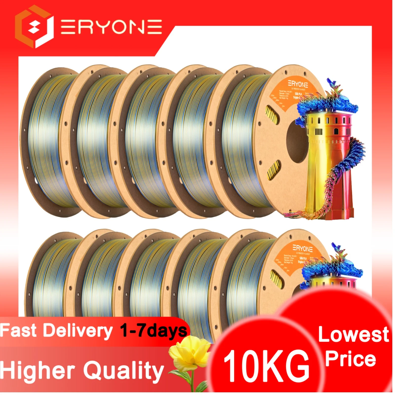 NUOVO ERYONE 1KG/3KG/10KG Promozione Filamento PLA Seta Tricolore per Stampa 3D 1.75mm Alta Qualità Spedizione Veloce Gratuita