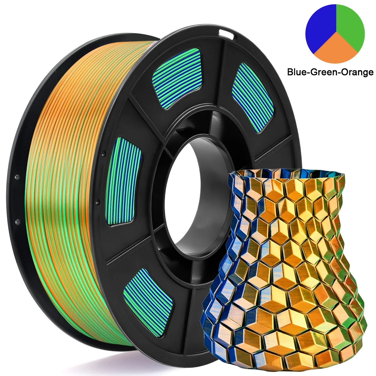 Filamento per Stampante 3D in PLA Tricolore Effetto Seta, 1.75mm, Multicolore, Blu Verde Arancione, 250g (0.55 libbre)