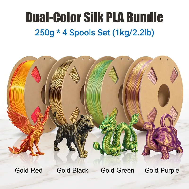 Filamento PLA in Seta Bicolore 1,75mm Lucido 200g 250g 500g 1000g Oro-Rosso Oro-Verde Oro-Nero Oro-Viola