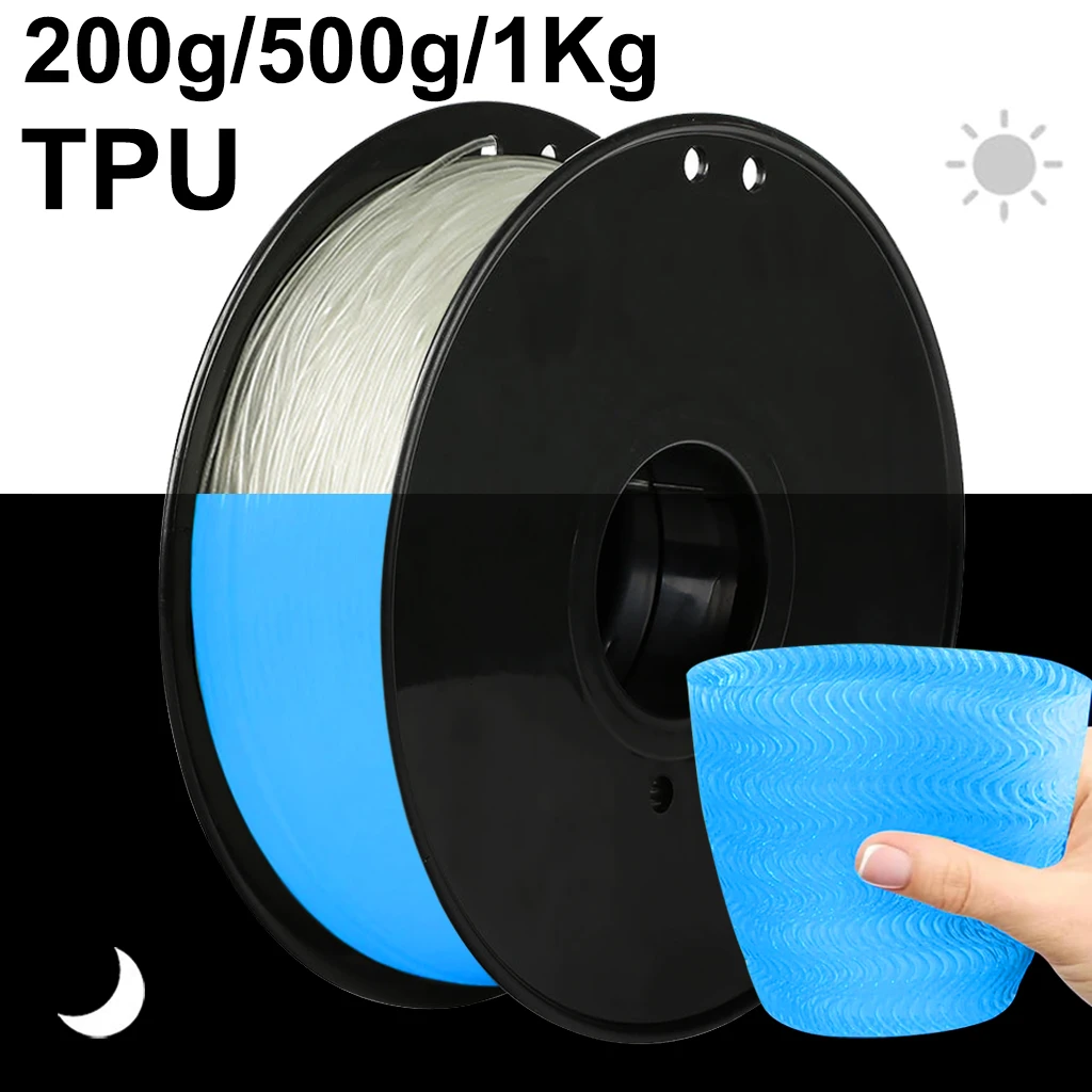Filamento TPU Blu Luminoso al Buio per Stampante 3D, 200g 1Kg, Materiale Flessibile per Stampa 3D da 1.75mm, Sublimazione Blu Luminoso