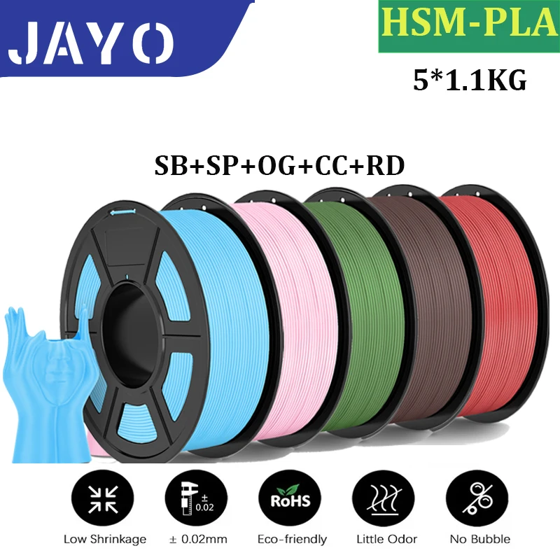 JAYO Filamenti per stampante 3D PLA opaca ad alta velocità da 5 rotoli 1,75 mm Colore misto senza bolle Materiale per stampante 3D FDM gratuito per la stampa 3D
