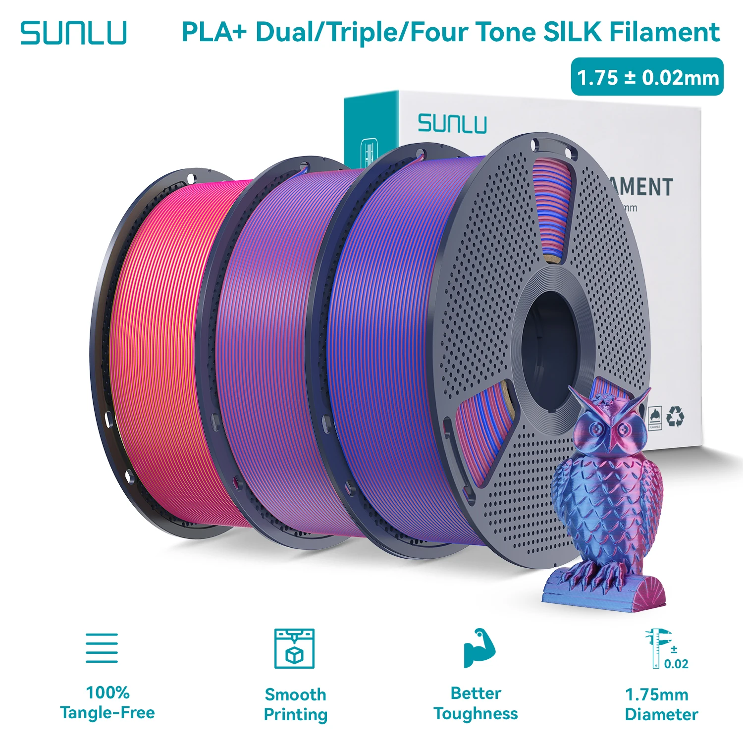 Filamento per Stampante 3D SUNLU Silk Pla Plus 1.75mm, Bicolore/Tritonale/Quartotonale, Texture Lucide in Seta PLA con Bobina Riutilizzabile 1KG