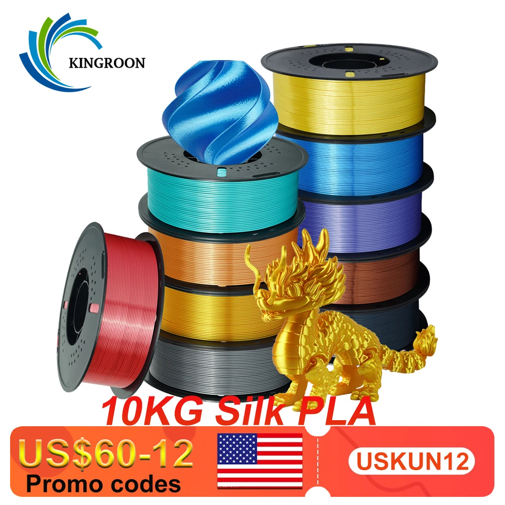KINGROON 10KG Filamento PLA di seta Set di colori misti 1,75mm Filamento per stampante 3D a colori speciali lucido senza zoccoli, bobina da 1 kg adatta alla maggior parte delle stampazioni