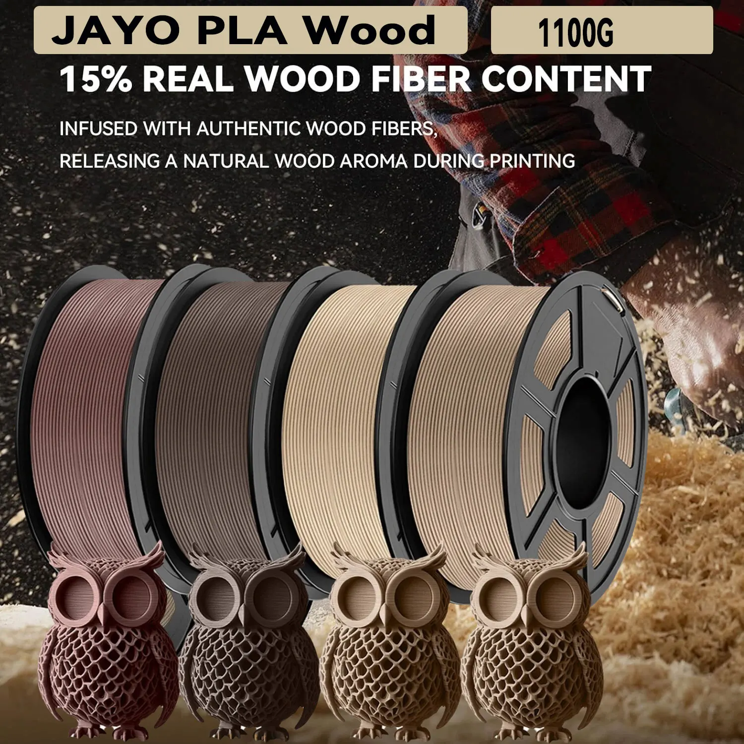 Filamento per stampante PLA in legno 3D JAYO 1,75 mm 1,1 kg 15% fibre di legno reali Precisione dimensionale +/- 0,02 mm Adatto alla maggior parte delle stampanti 3D FDM