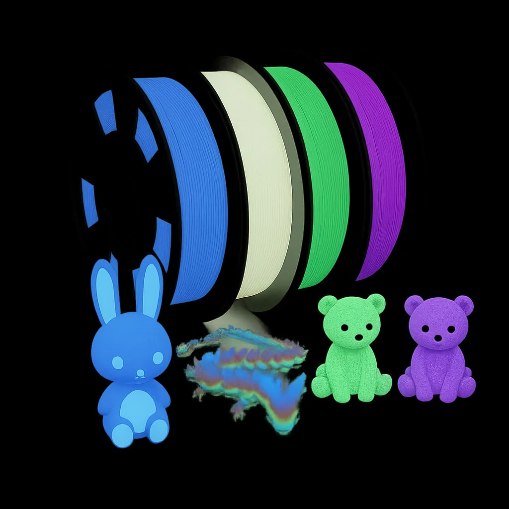 Set di Filamenti per Stampante 3D Fluorescenti Multicolore PLA 1.75mm - Verde Blu Viola Arcobaleno Confezione da 4 250g