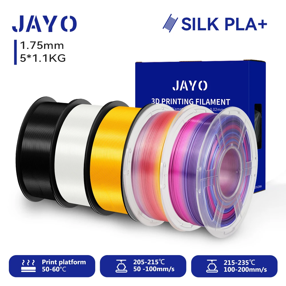 Filamento stampante JAYO 3D SILK PLA+ 1,75 mm+/-0,02 mm 5 rotoli di filamento stampante 3D SILK ordinato e senza bolle PLA per stampante 3D
