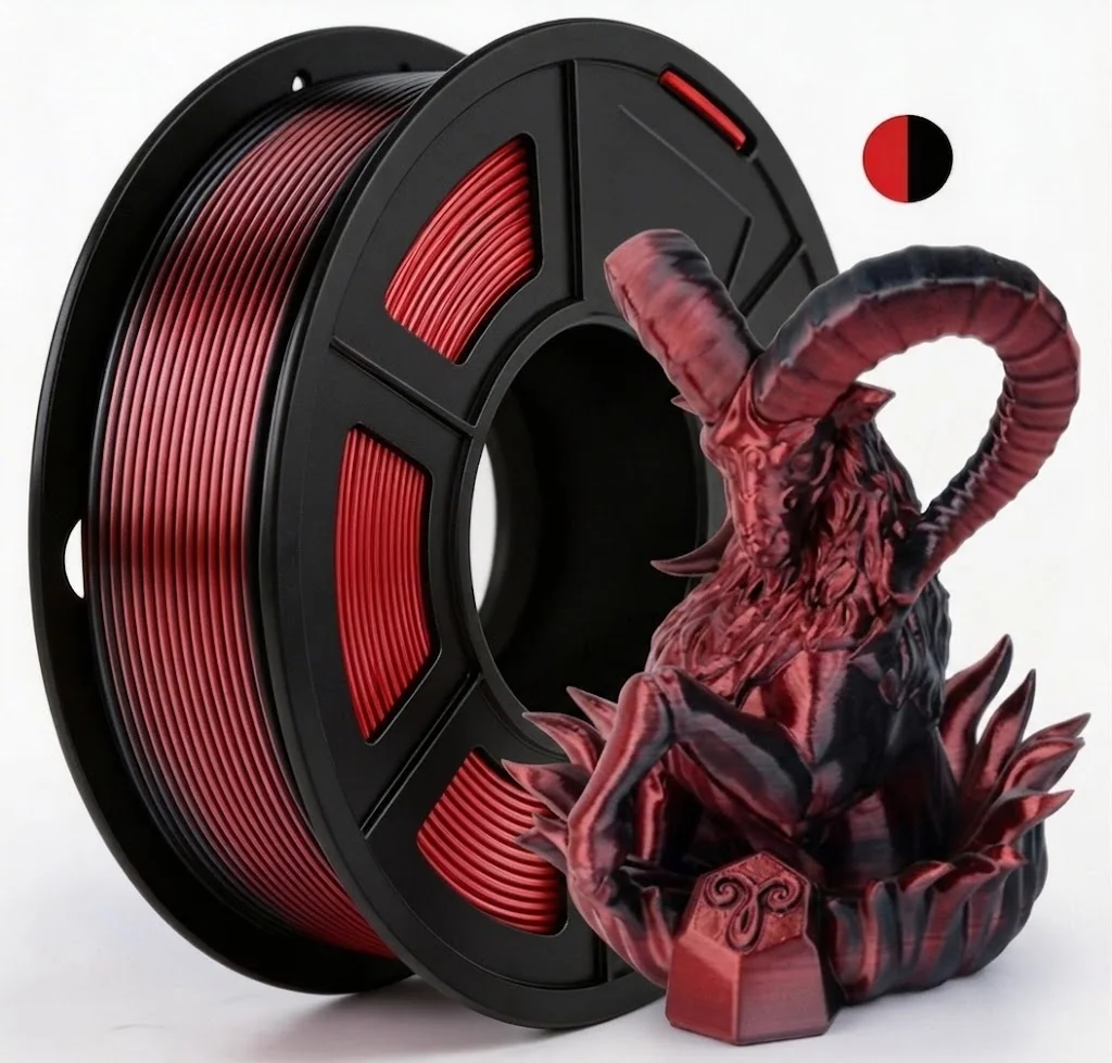 Filamento PLA Bicolore Effetto Seta 1.75mm +/- 0.02mm, Nero Rosso 250g per Stampante 3D
