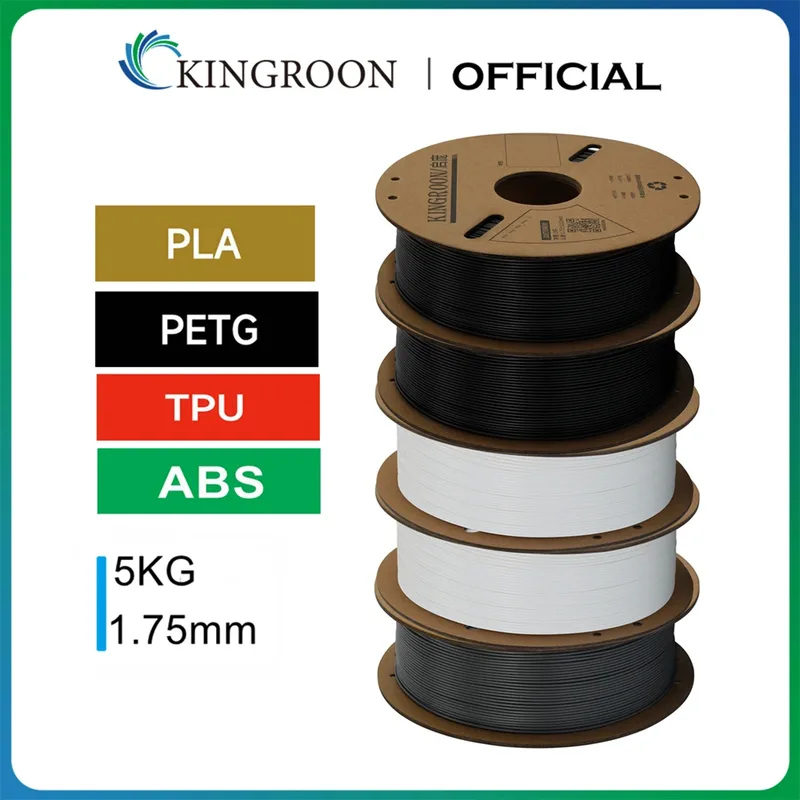Filamento per Stampante 3D KINGROON PLA PETG TPU ABS, Confezione da 5KG, Nero Bianco Grigio, 1.75mm, Senza Bolle, 5x1kg/Rotolo, Bobina Casuale