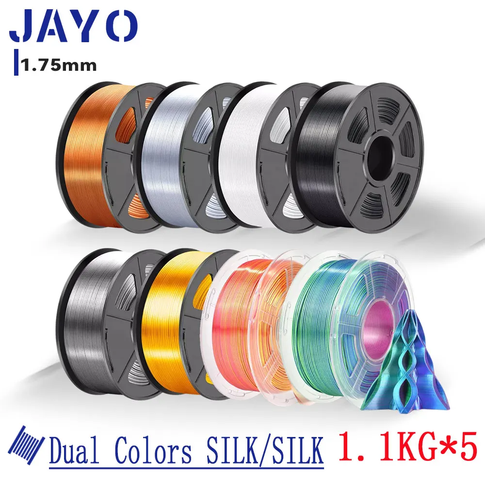 JAYO 3D Silk Pla Plus/Doppio/Triplo Colori SETA/TPU-SETA Filamento per stampante 3D 1,75 mm Texture seta Materiale di stampa 3D 5 rotoli