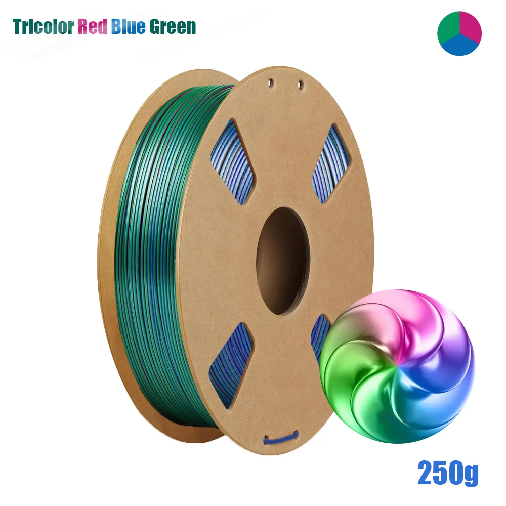 Filamento PLA Seta Multicolore 1.75mm, Precisione ±0.03mm, Rosso Blu Verde Tricolore