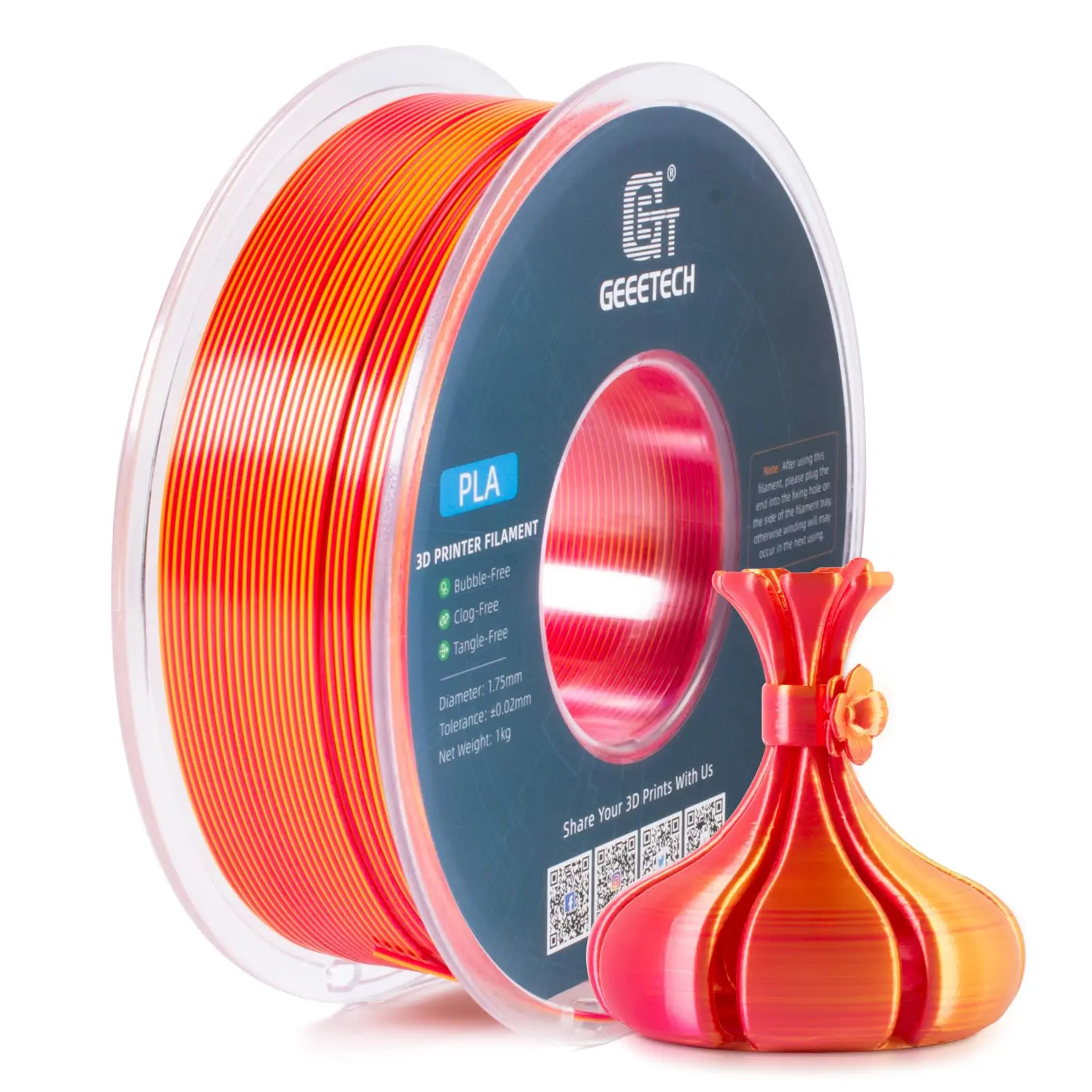 Filamento PLA di seta bicolore Geeetech Double Colors, filamento 3D 1,75 mm Cavo bobina da 1 kg (+/-0,03 mm) Confezione sottovuoto